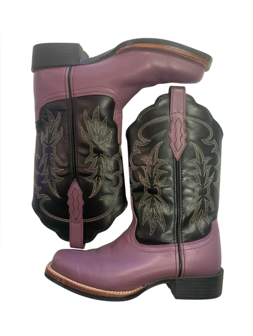 ACME EUC Vintage Purple & Black Leather Stitched Cowboy Boots, Size 7